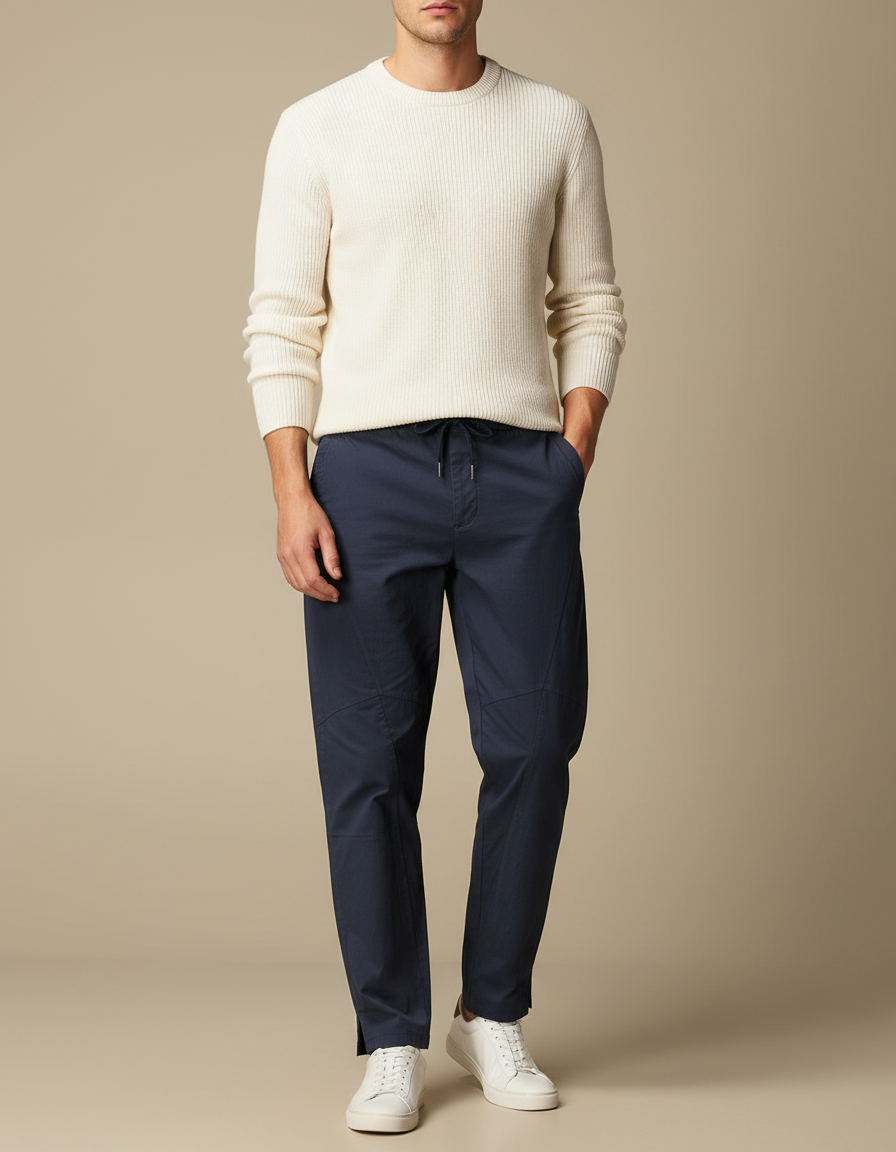 Pantalon Chino Bleu Marine Coton Décontracté Cordon Homme
