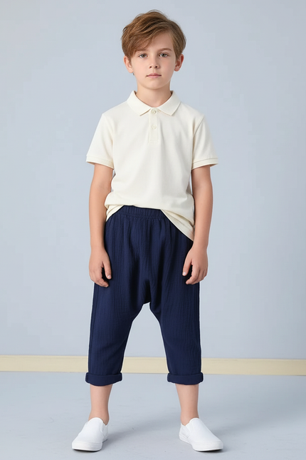 Pantalon Chino Bleu Marine Plissé Coton Enfant Ample