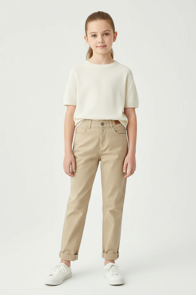 Pantalon Chino Kaki Coton Ample Décontracté Fille