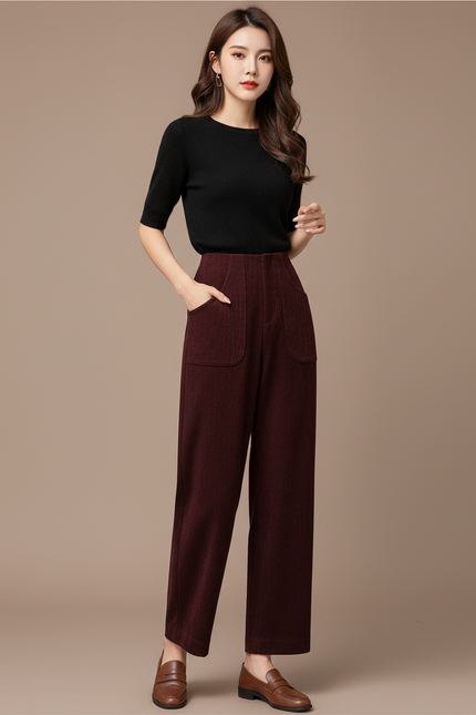 Pantalon Chino Bordeaux Velours Côtelé Ample Femme - Cordé
