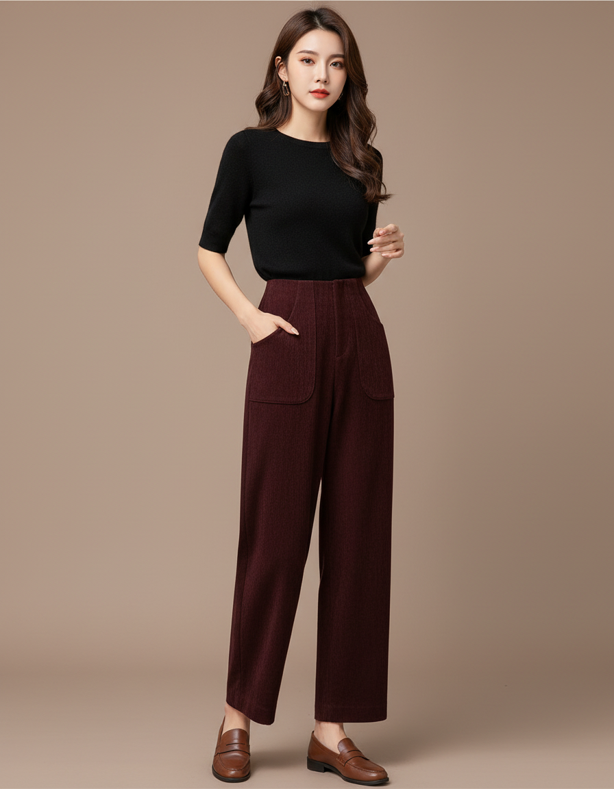 Pantalon Chino Bordeaux Velours Côtelé Ample Femme - Cordé