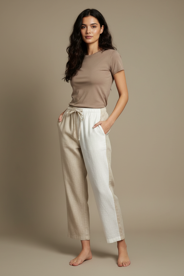 Pantalon Chino Bicolore Lin Ample Cordon Décontracté - Multicolore