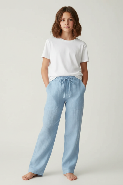 Pantalon Chino Bleu Ciel Lin Cordon Décontracté Fille