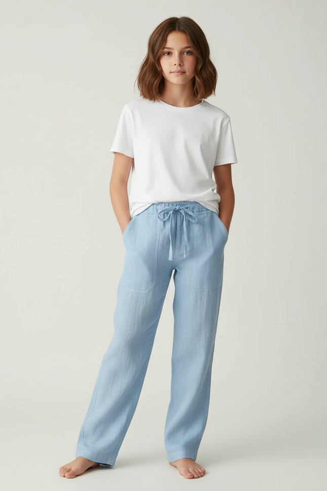 Pantalon Chino Bleu Ciel Lin Cordon Décontracté Fille