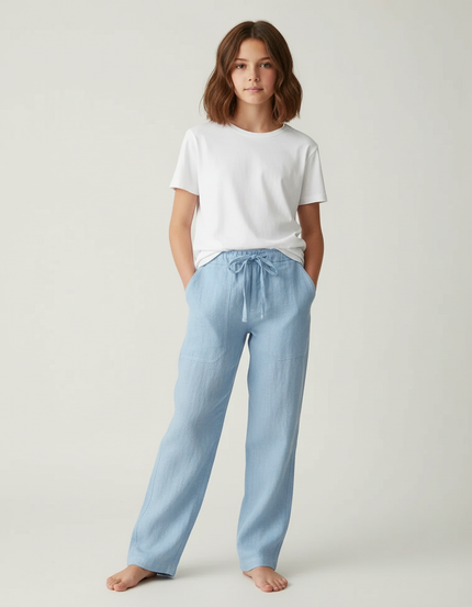 Pantalon Chino Bleu Ciel Lin Cordon Décontracté Fille