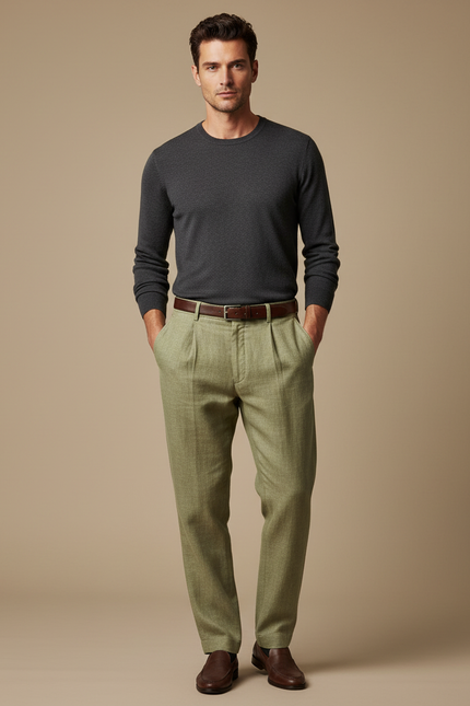 Pantalon Chino Vert Lin Plissé Décontracté Homme