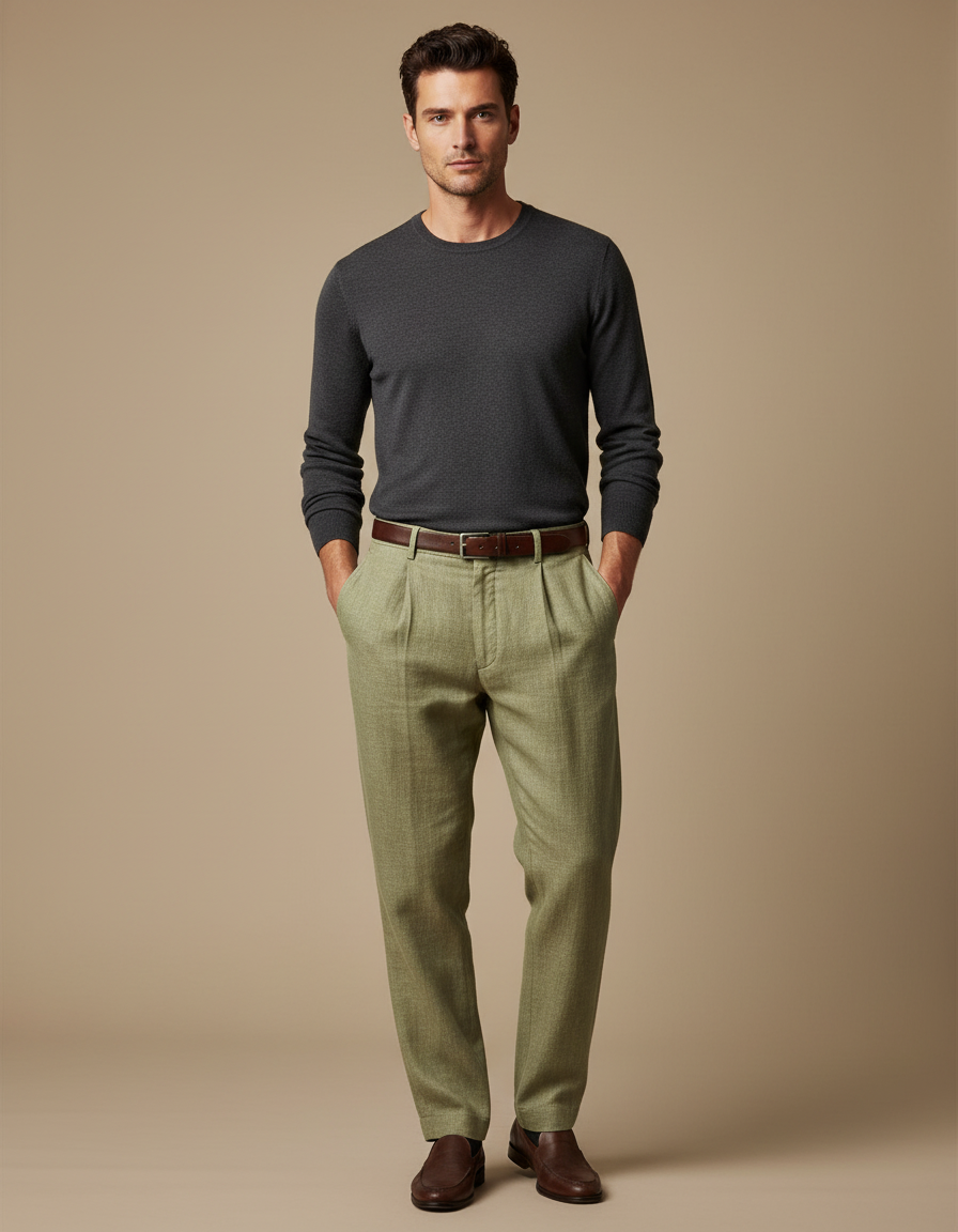 Pantalon Chino Vert Lin Plissé Décontracté Homme