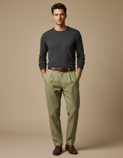 Pantalon Chino Vert Lin Plissé Décontracté Homme