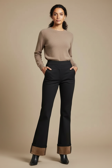 Pantalon Chino Noir Évasé Doublure Polaire Femme - Gabardine