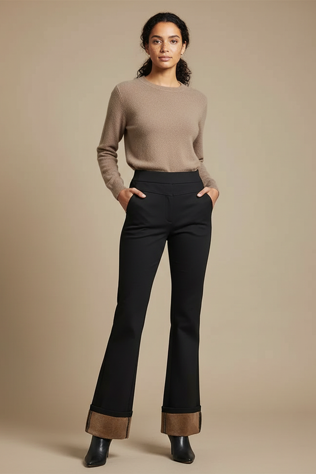 Pantalon Chino Noir Évasé Doublure Polaire Femme - Gabardine