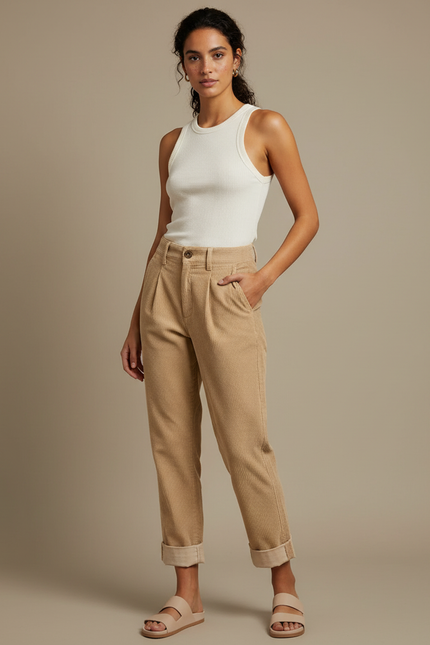 Pantalon Chino Beige Côtelé Ample Décontracté Femme - Cordé