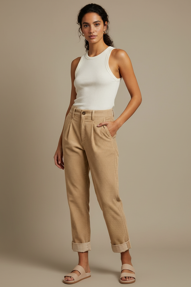 Pantalon Chino Beige Côtelé Ample Décontracté Femme - Cordé