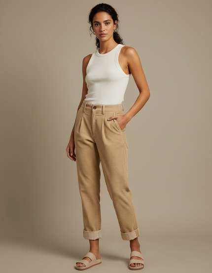Pantalon Chino Beige Côtelé Ample Décontracté Femme - Cordé