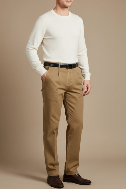 Pantalon Chino Kaki Plissé Droit Coton Homme