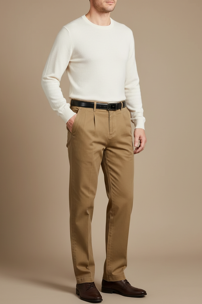 Pantalon Chino Kaki Plissé Droit Coton Homme