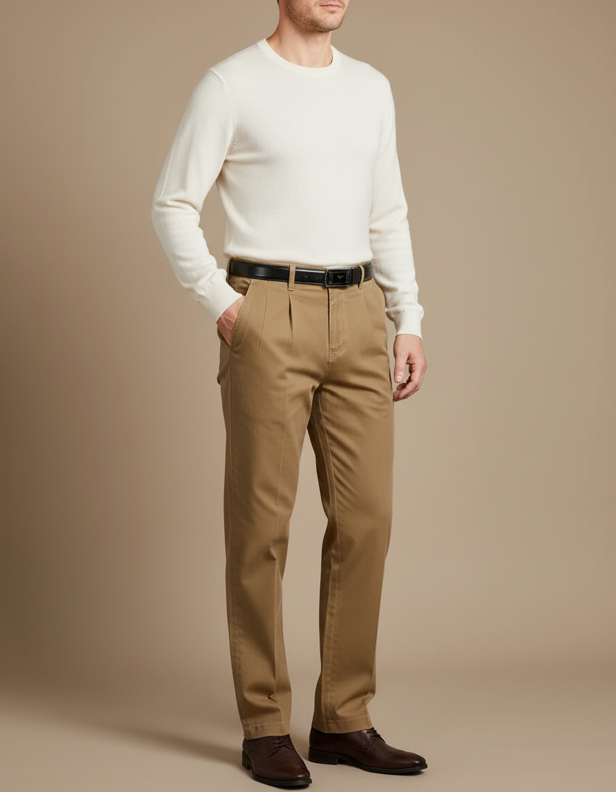 Pantalon Chino Kaki Plissé Droit Coton Homme