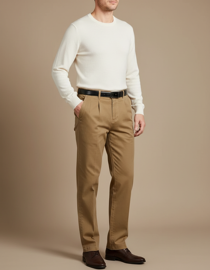 Pantalon Chino Kaki Plissé Droit Coton Homme