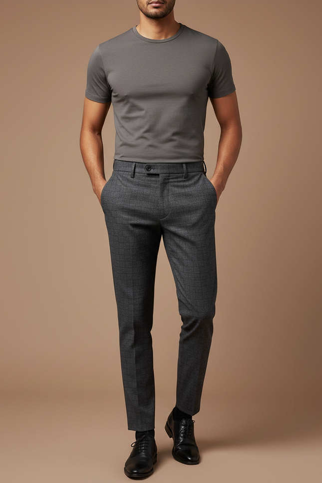 Pantalon Chino Gris Carreaux Slim Élégant Formel - Laine