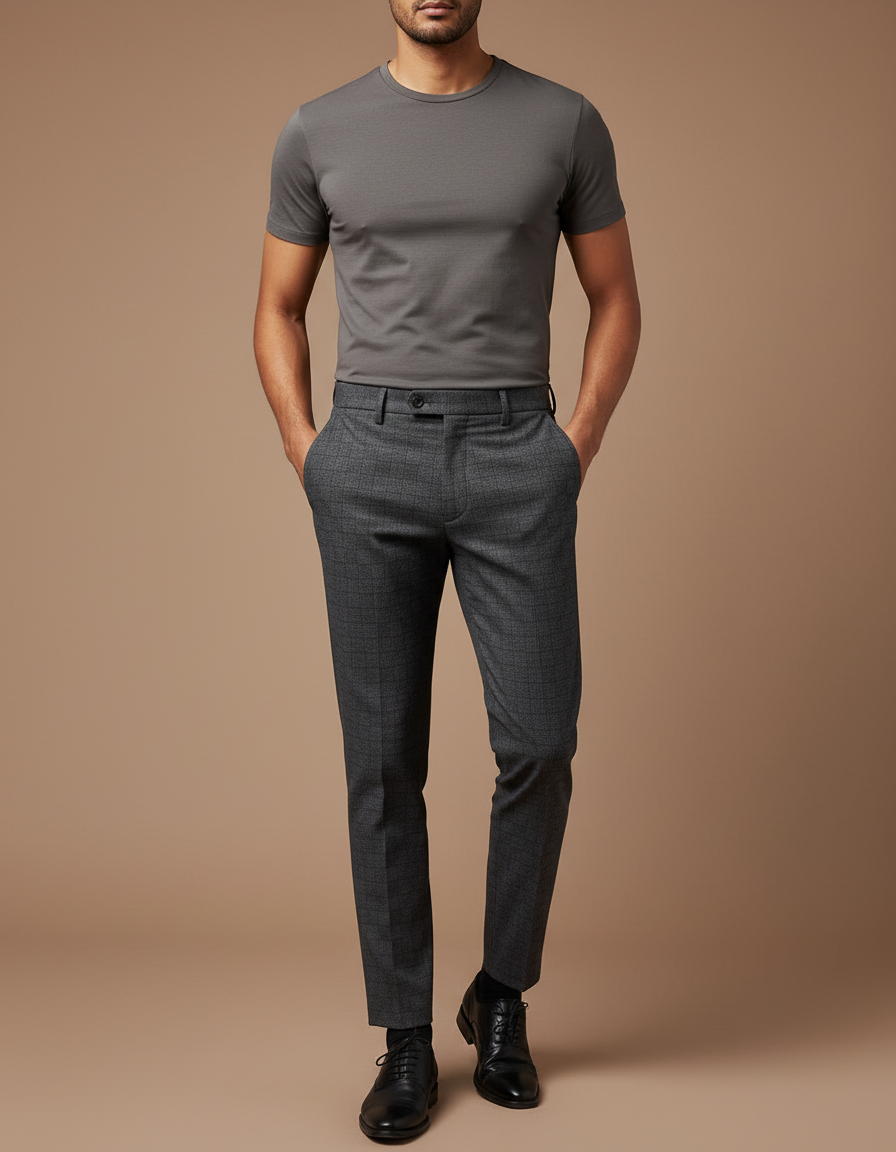 Pantalon Chino Gris Carreaux Slim Élégant Formel - Laine