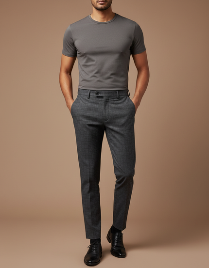 Pantalon Chino Gris Carreaux Slim Élégant Formel - Laine