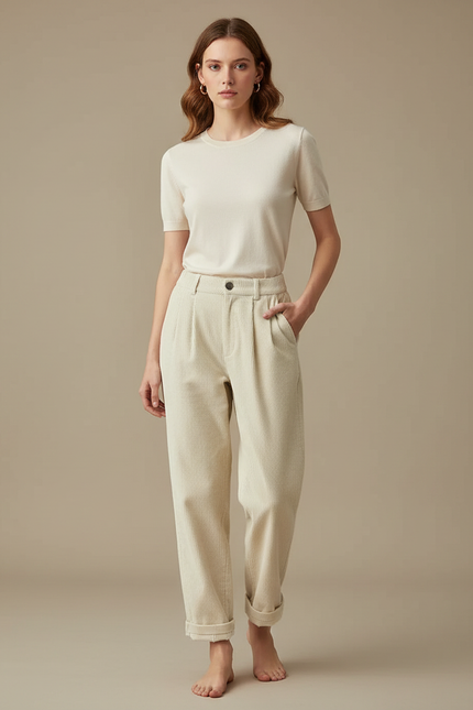 Pantalon Chino Crème Côtelé Ample Taille Haute Femme - Beige Cordé