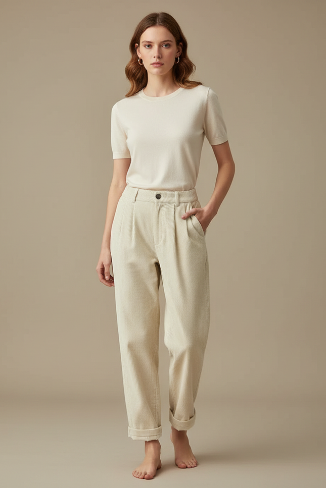 Pantalon Chino Crème Côtelé Ample Taille Haute Femme - Beige Cordé