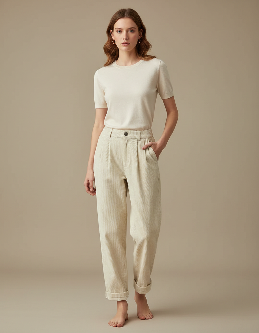 Pantalon Chino Crème Côtelé Ample Taille Haute Femme - Beige Cordé