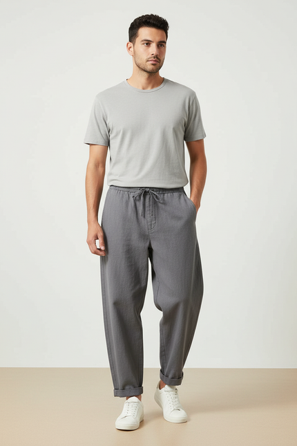Pantalon Chino Gris Coton Lin Ample Décontracté Homme