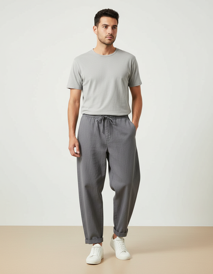 Pantalon Chino Gris Coton Lin Ample Décontracté Homme