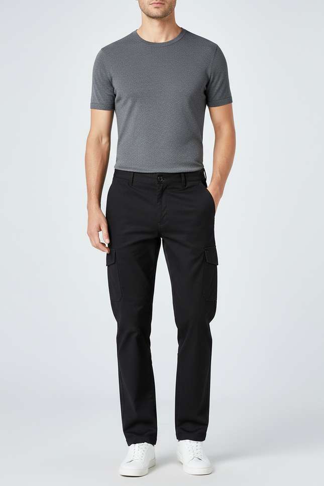Pantalon Chino Noir Cargo Coton Slim Uni Homme