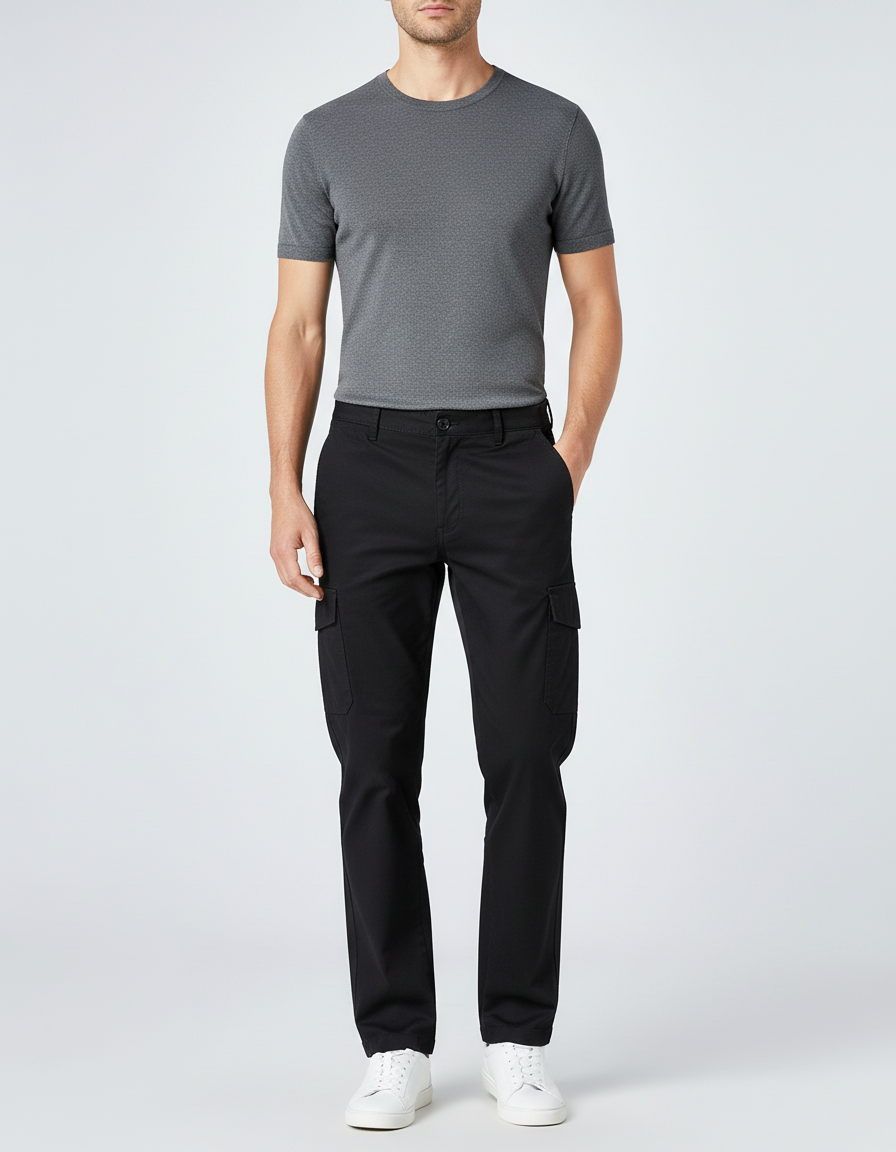 Pantalon Chino Noir Cargo Coton Slim Uni Homme