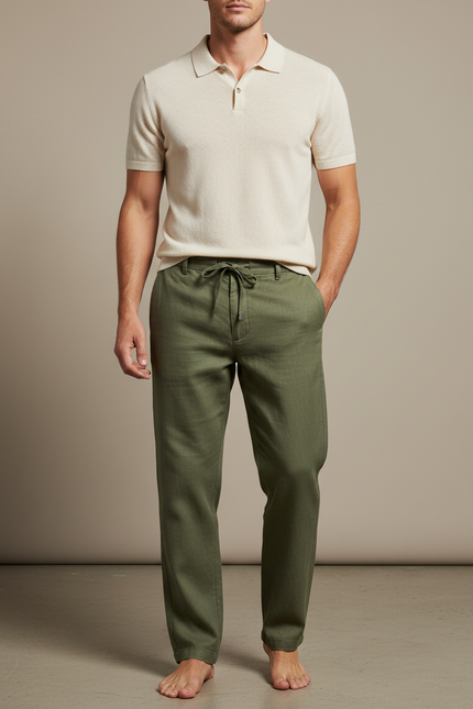 Pantalon Chino Vert Olive Lin Ample Décontracté Homme - Kaki