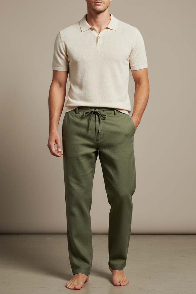 Pantalon Chino Vert Olive Lin Ample Décontracté Homme - Kaki