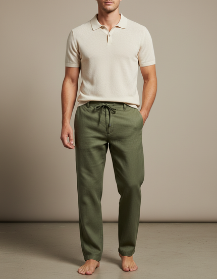 Pantalon Chino Vert Olive Lin Ample Décontracté Homme - Kaki
