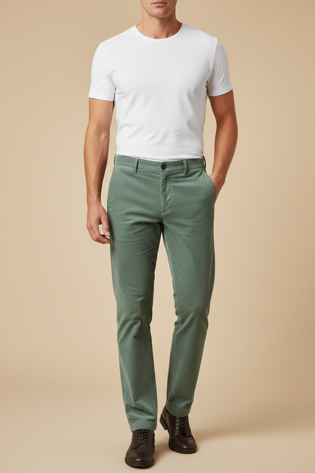 Pantalon Chino Vert Côtelé Slim Homme Décontracté - Cordé
