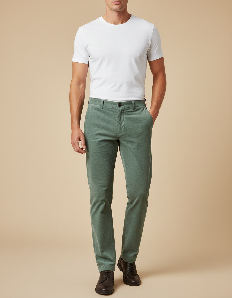 Pantalon Chino Vert Côtelé Slim Homme Décontracté - Cordé