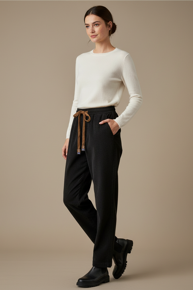 Pantalon Chino Noir Côtelé Droit Cordon Décontracté - Cordé