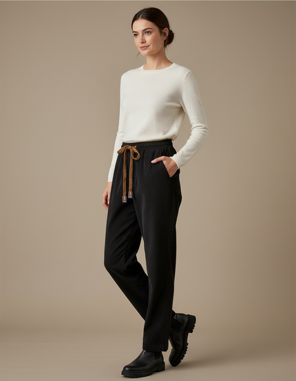 Pantalon Chino Noir Côtelé Droit Cordon Décontracté - Cordé