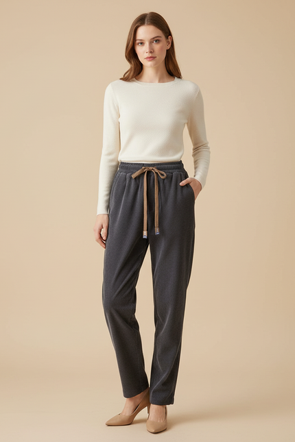 Pantalon Chino Côtelé Gris Droit Décontracté Femme - Cordé