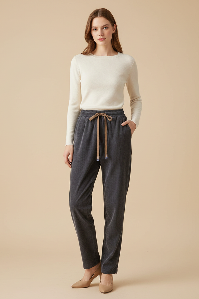 Pantalon Chino Côtelé Gris Droit Décontracté Femme - Cordé