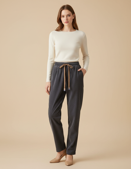 Pantalon Chino Côtelé Gris Droit Décontracté Femme - Cordé