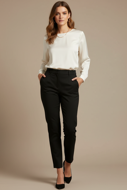 Pantalon Chino Noir Taille Haute Élégant Femme - Polyester