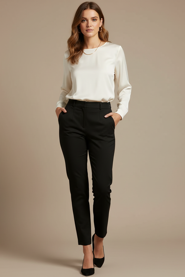 Pantalon Chino Noir Taille Haute Élégant Femme - Polyester