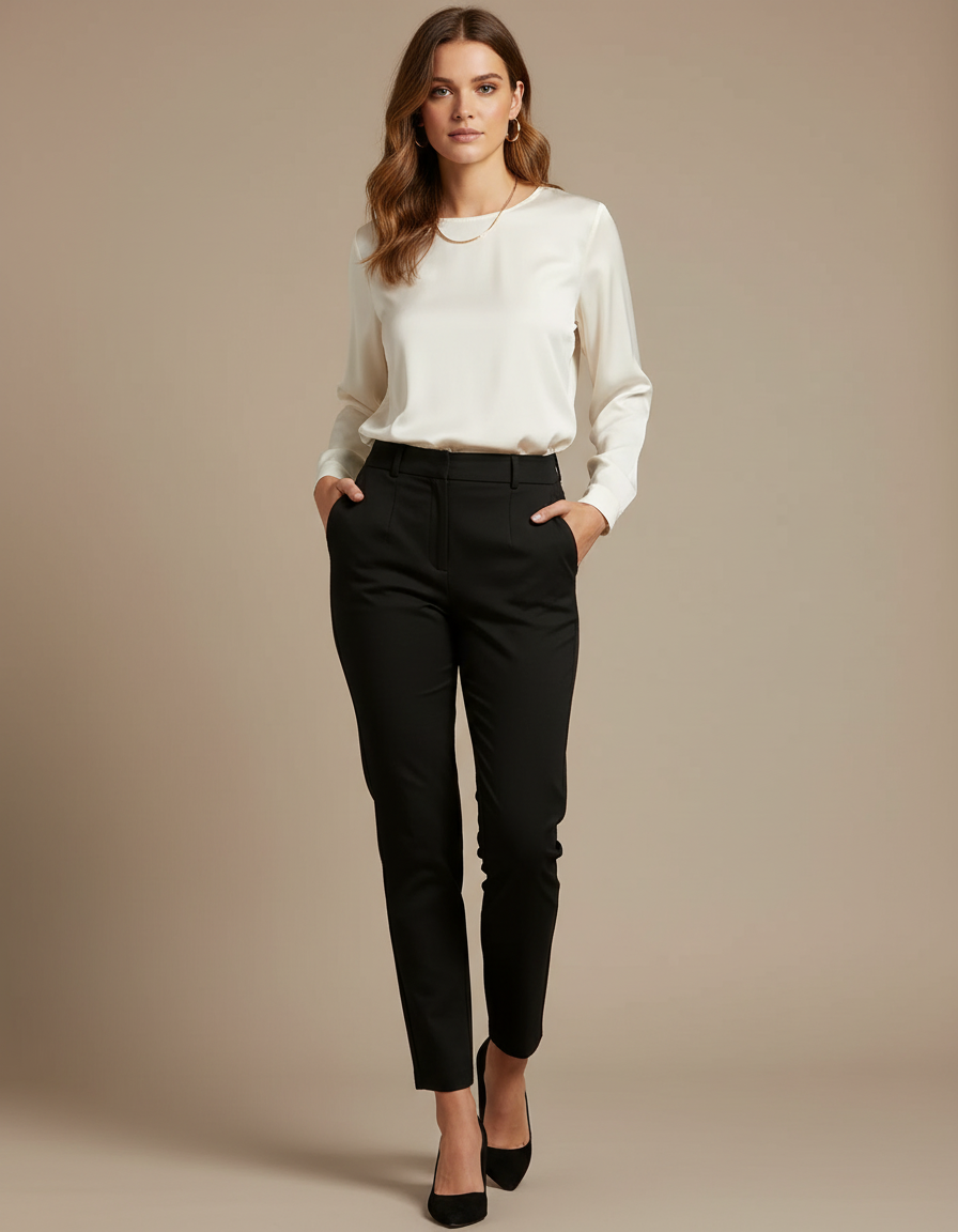 Pantalon Chino Noir Taille Haute Élégant Femme - Polyester