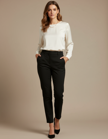 Pantalon Chino Noir Taille Haute Élégant Femme - Polyester