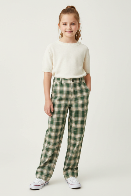 Pantalon Chino Vert Carreaux Lâche Fille - Tweed