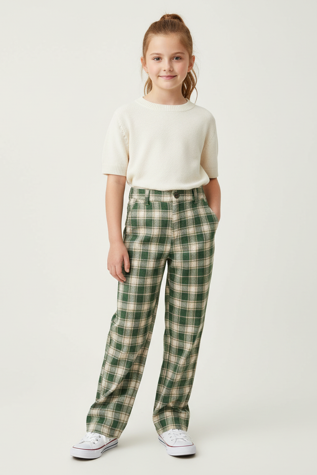 Pantalon Chino Vert Carreaux Lâche Fille - Tweed