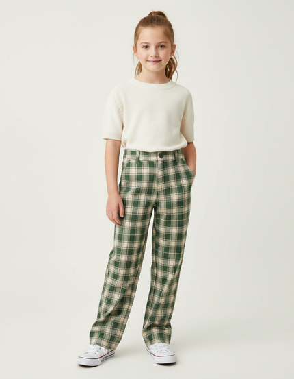 Pantalon Chino Vert Carreaux Lâche Fille - Tweed