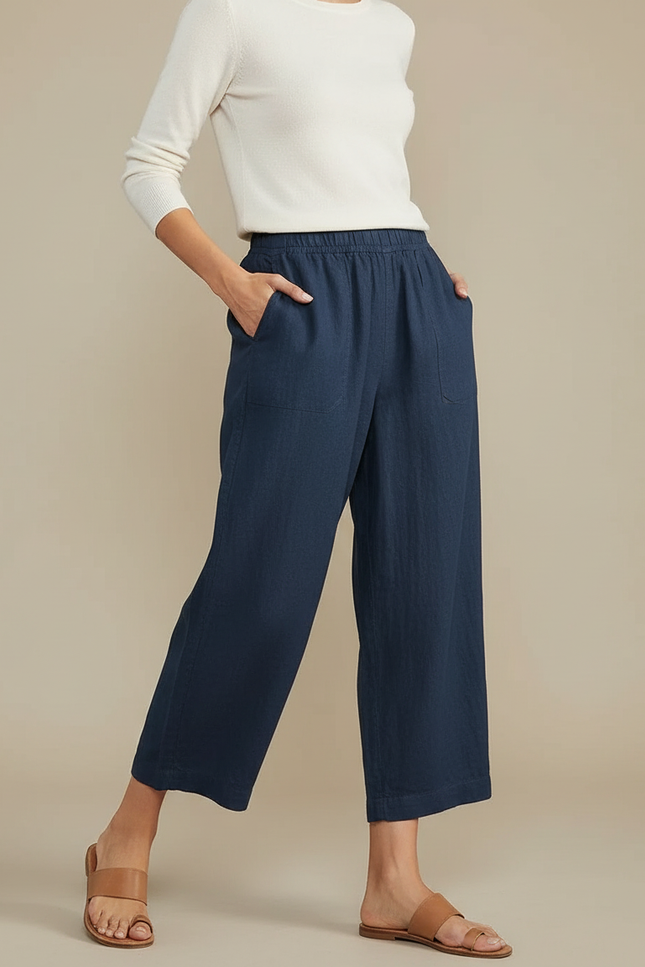 Pantalon Chino Bleu Marine Ample Décontracté Lin Femme