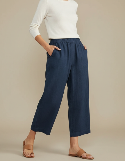 Pantalon Chino Bleu Marine Ample Décontracté Lin Femme